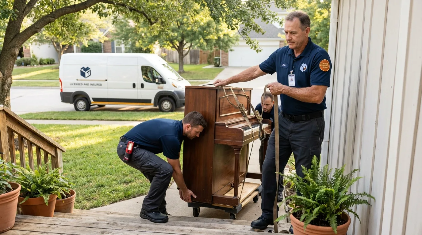 Licensed piano movers securing grand piano in Maurice, LA