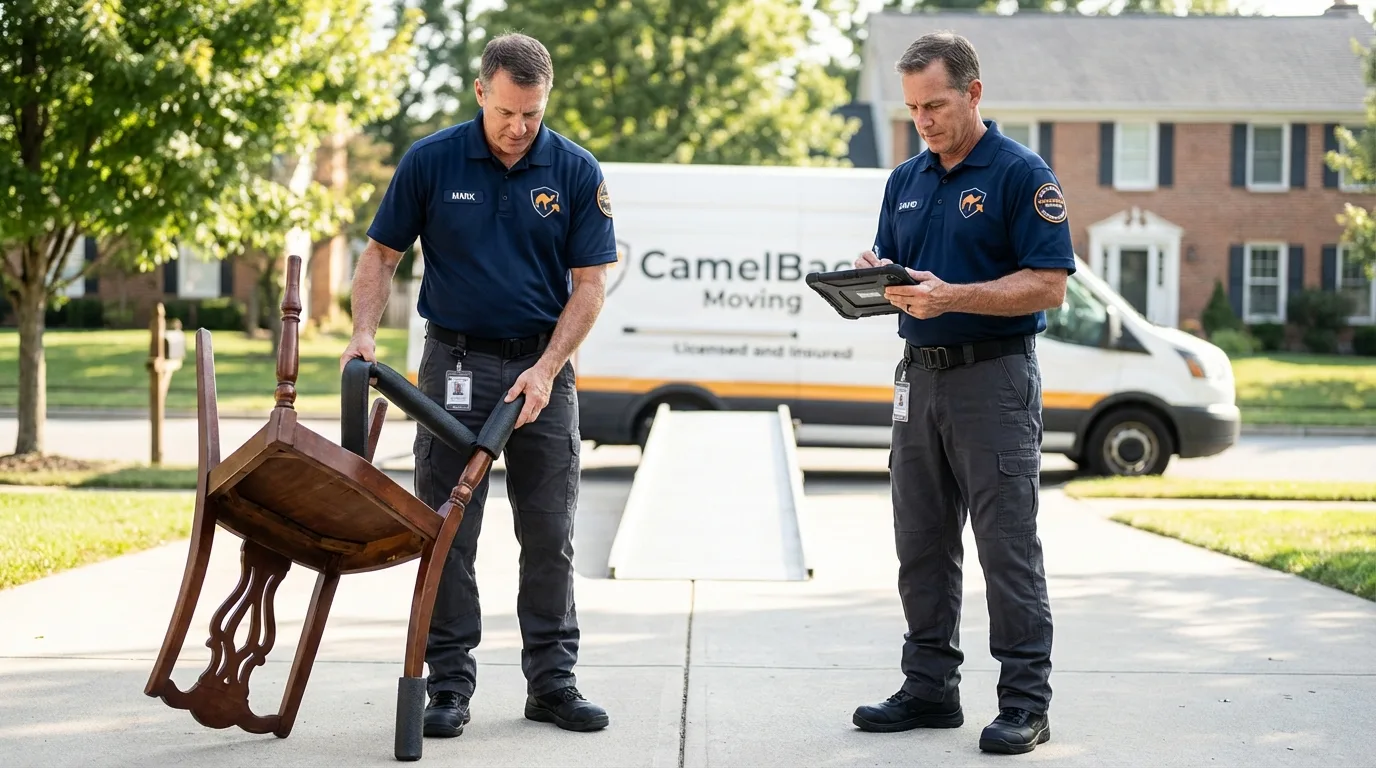 Movers inspecting furniture for damage prevention before loading in Maurice, LA