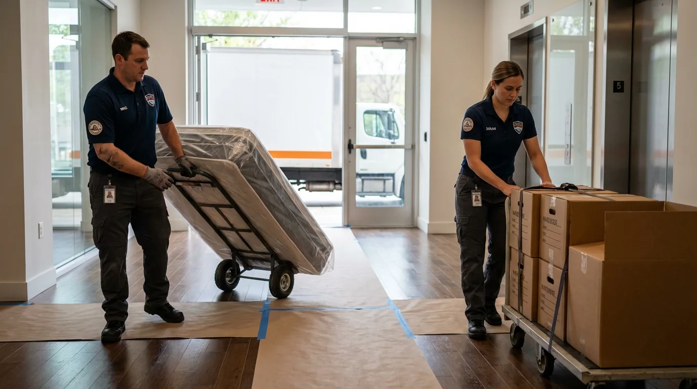 Professional apartment movers loading elevator in Maurice, LA