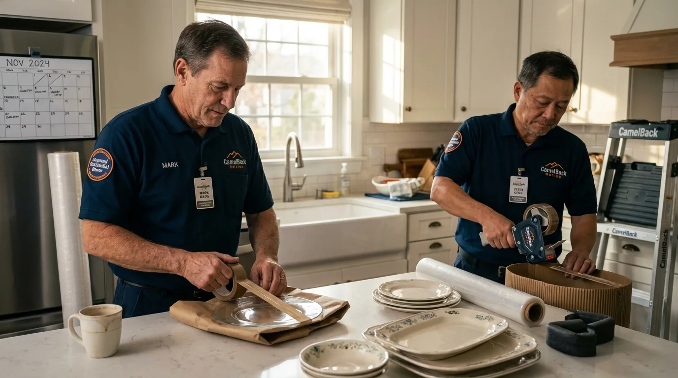 Professional crew packing kitchen dishware in Maurice, LA